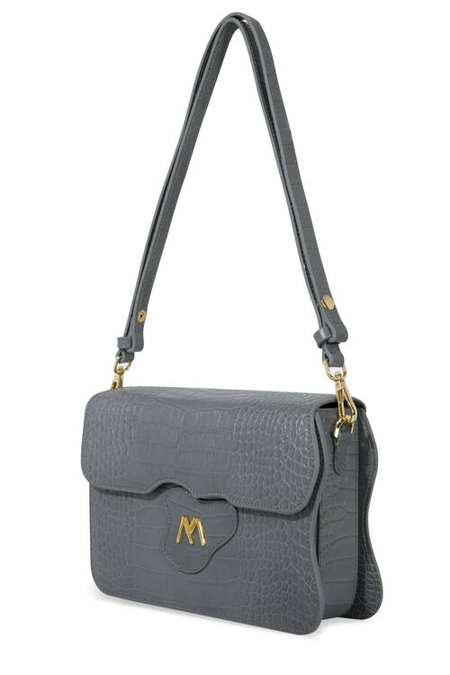 Greta Croc Embossed Calf Leather Crossbody Bag Grey
