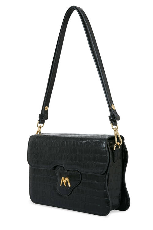 Greta Croc Embossed Calf Leather Crossbody Bag Black