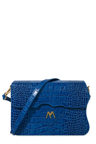 Greta Croc Embossed Calf Leather Crossbody Bag Electric Blue
