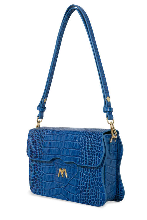 Greta Croc Embossed Calf Leather Crossbody Bag Electric Blue