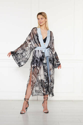 Siyah Beyaz İpek Şifon Kimono