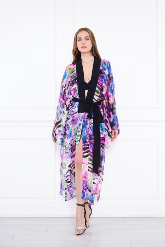 Mor Desenli İpek Şifon Kimono