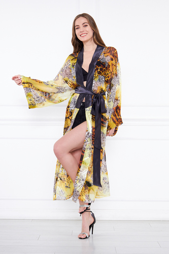 Kahverengi desenli İpek Şifon Kimono