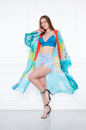 Turkuaz Desenli İpek Şifon Kimono