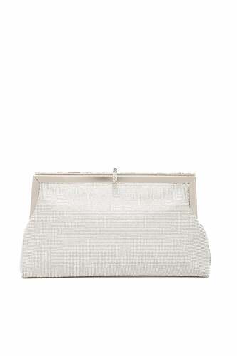 Saten Üstü Taş İşlemeli Gümüş Clutch El Çantası