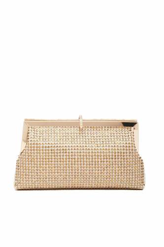 Saten Üstü Taş İşlemeli Gold Clutch El Çantası