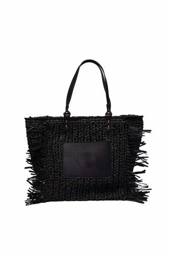 Rafya Örgü Siyah Büyük Tote Plaj Çantası