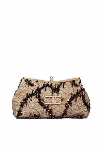 Dantel Pul İşlemeli Kahverengi Clutch El Çantası