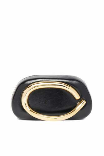 Metal Aksesuarlı Siyah Vegan Deri Clutch El Çantası