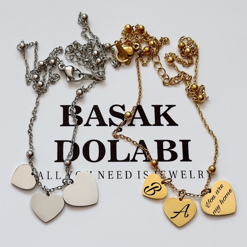 Harf ve Yazı Detaylı 3 Kalpli Top Zincir Çelik Kolye