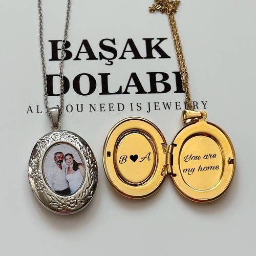 Fotoğraf ve Yazı Detaylı Oval Locket Çelik Kolye