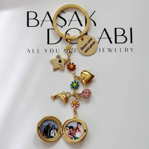 Harf Yazı Kalp Bereket Yunusu ve Fotoğraflı Yuvarlak Locket Anahtarlık