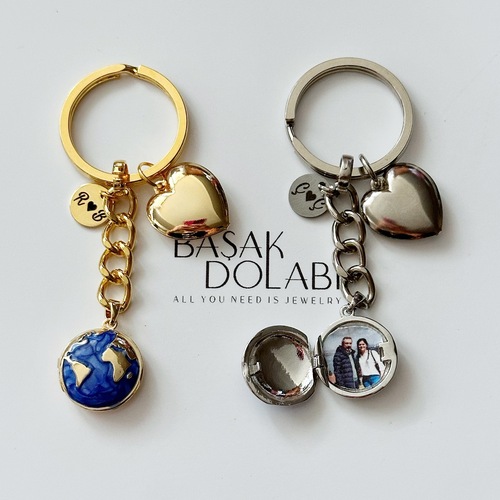 Kalp, Harf ve Fotoğraf Detaylı Açılıp Kapanabilir Dünya Locket Anahtarlık