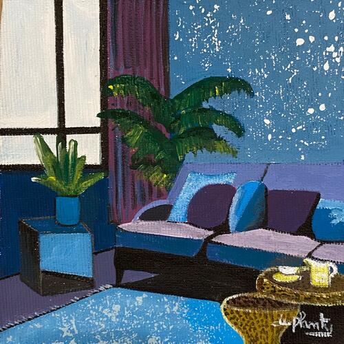 Dans un décor bleu