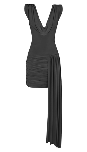 Siyah Degaje Yaka Drapeli Asimetrik Uzun Drape Detaylı Mini Elbise