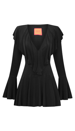 Siyah V Yaka Volan Detaylı Mini Elbise 2253