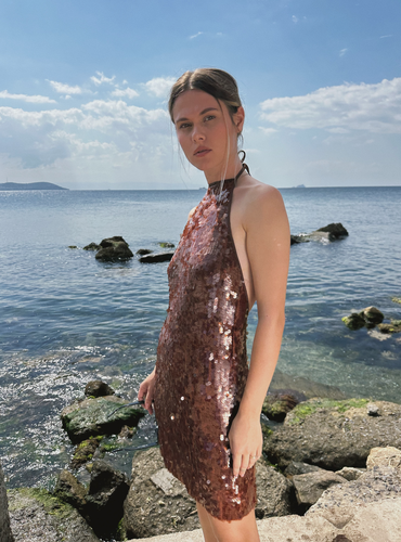 Payetli Boyundan Bağlamalı Mini Elbise