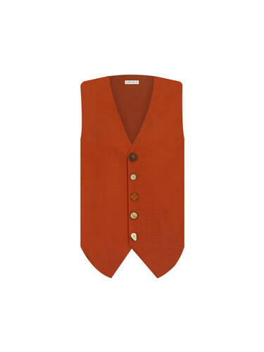 Turuncu Düğme Detaylı Keten Yelek