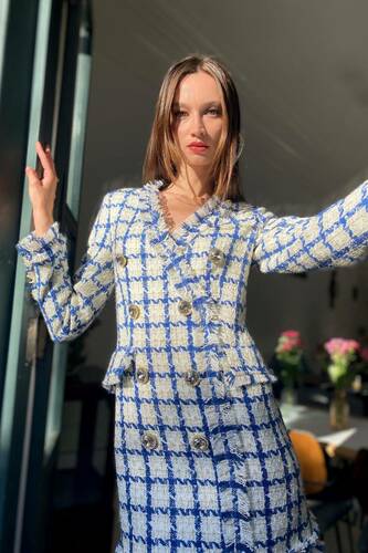 Ekose Lacivert Mini Elbise Paris Tasarımı