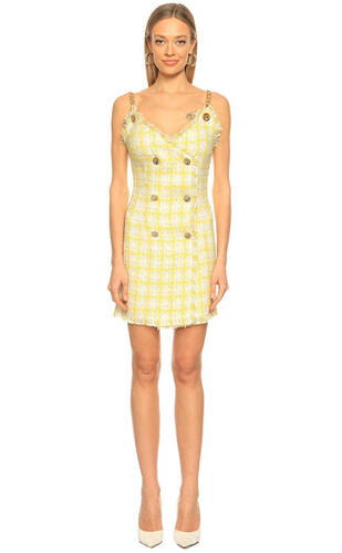 Zincir Askılı Sarı Ekose Elbise 