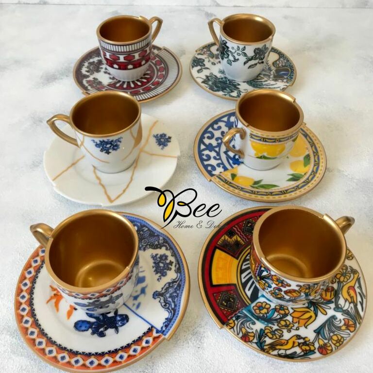 iki Desenli Karışık Model 6'lı Lüx Kahve Fincanı - Bee Home & Dekor